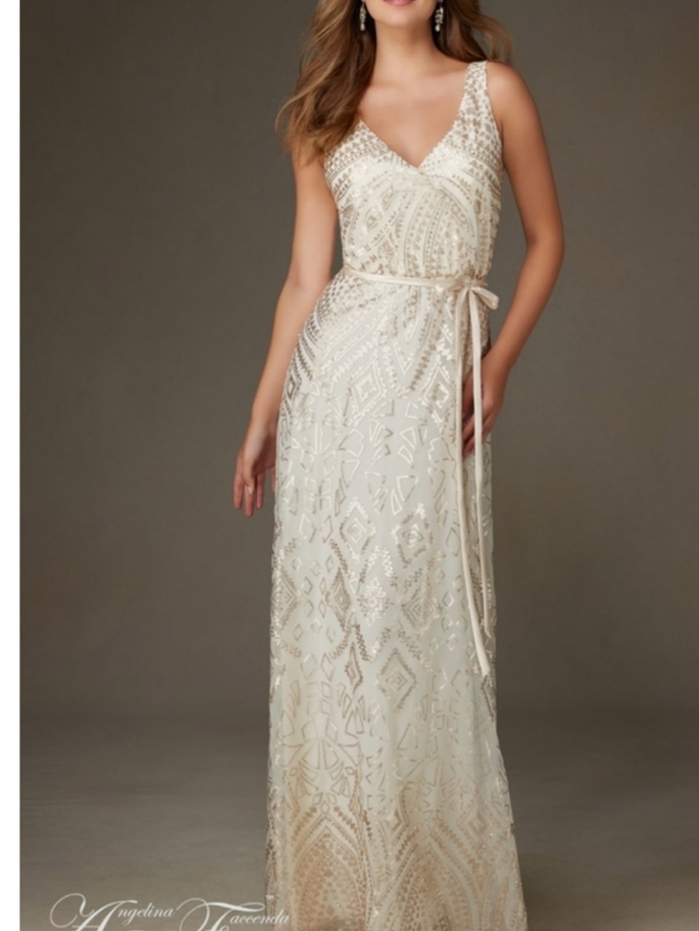 Sleeveless Ivory Sequin Maxi Dress with Self-Tie Waist